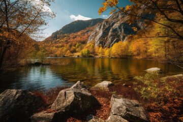 Fototapeta na wymiar serene lake surrounded by lush forests and rocky terrain. Generative AI