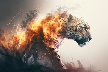 Blaze a Trail: Dramatic Leopard Double Exposure in Forest Fire, generative ai