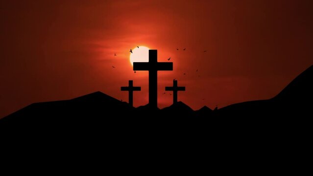 Time-Lapse Sunset and Three Crosses on the Mountaintop. Birds Fly Around the Crosses. 03.