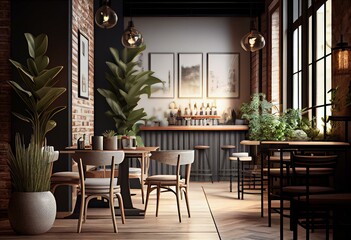 Fototapeta na wymiar 3d render of restaurant and cafe interior. Generative AI