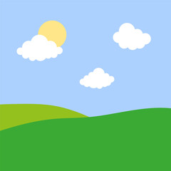 green cartoon meadow sun. Hills horizon. Vector illustration.