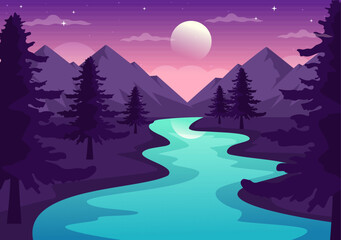 River Landscape Illustration with View Mountains, Green Fields, Trees and Forest Surrounding the Rivers in Flat Cartoon Hand Drawn Templates