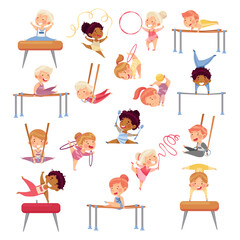 Little Boy and Girl Doing Gymnastics with Pommel Horse and Parallel Bars Big Vector Set