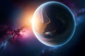 planet in space with a nebula behind, single planet isolated in space, sunlight bouncing off the cosmos, glare of the universe, stars, view of space, majestic, generated by ai