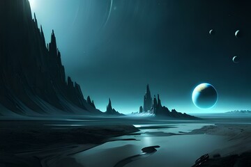 moon over the ocean on a distant planet, dark and gloomy light on alien environment, planet close up, landscape, spooky atmosphere, mountains miniaturized by the stars. generated by ai