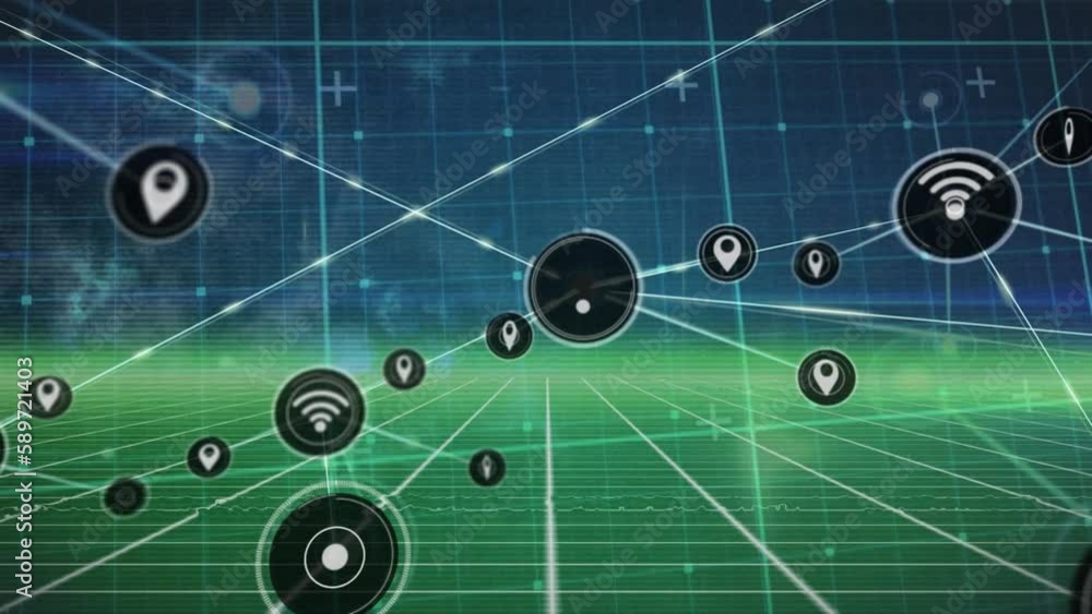 Poster animation of data processing over network of connections and grid