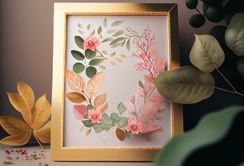 Golden Frame with pink watercolor flowers and light green leaves, wedding illustration. Generative AI