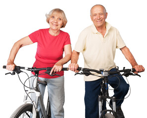 Portrait of happy senior couple  riding bikes