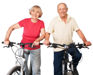 Portrait of happy senior couple  riding bikes