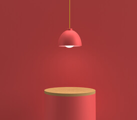 Red pink orange pastel color background wallpaper podium wooden lamp light bulb bright creative graphic empty blank copy space studio decoration presentation product sale object interior room event 