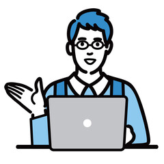 ラップトップの前で笑顔で説明をしているメガネをかけている主夫
