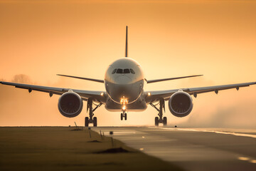 Fototapeta na wymiar Airplane landing with gears down in sunset, Generative AI