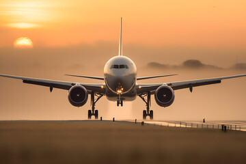 Fototapeta na wymiar Airplane landing with gears down in sunset, Generative AI