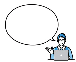 ラップトップの前で吹き出しで説明するメガネをかけている主夫
