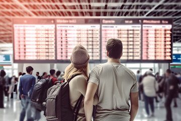 couple tourist looking at flight schedules for checking take off time. Generative AI