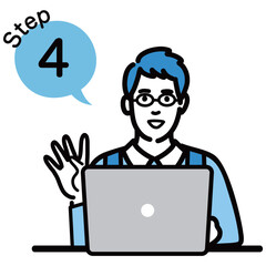 ステップ4　ラップトップの前で工程を説明するメガネをかけている主夫
