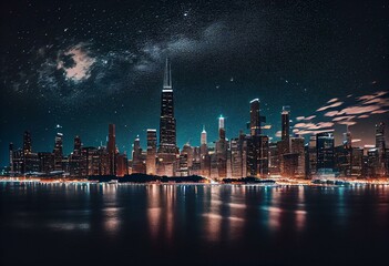 Famous panoramic view of Chicago skyline by night. Generative AI
