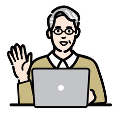 ラップトップの前に座って手を挙げて笑顔で挨拶しているメガネをかけたシニア男性

