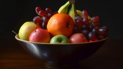 Naklejka na ściany i meble A Still Life Bowl of Fruit with Fresh Apricots, Oranges, Grapes and Bananas. Healthy Edible Fruit.