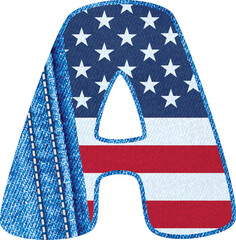 The letter A with the texture of blue denim fabric and US flag - Monogram A with jean fabric and American flag