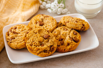 Chocolate chip cookies on white plate and glass of milk
