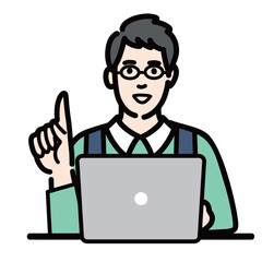 ラップトップの前で笑顔で提案をしているメガネをかけている主夫
