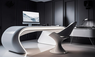 Futuristic work from home office space. Modern design, wfm,scifi look, remote work home space (generative AI)