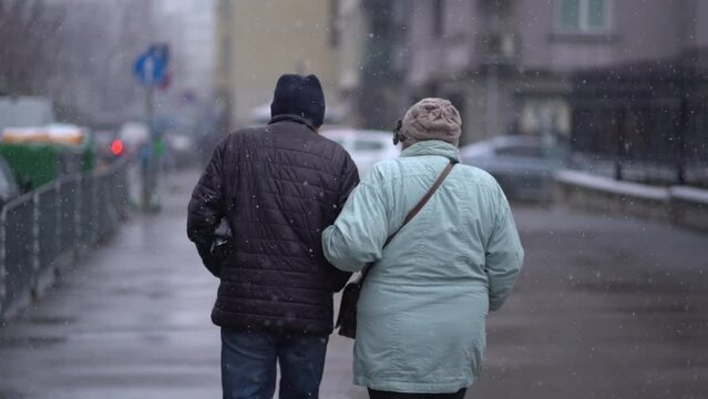 Rear view of couple walking holding each other down side of road as snow falls