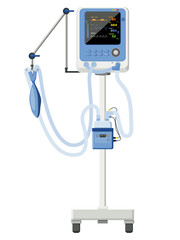 Medical equipment, ventilators on wheelchairs, screens showing patient vital signs Artificial lung at the end of the tube. Critically ill patients Life Support or Resuscitation
