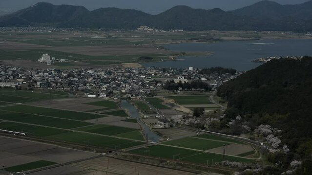 桜咲く安土城址を背景に走るHC85系特急ひだ （東海道本線 安土 - 能登川, 2023年4月）