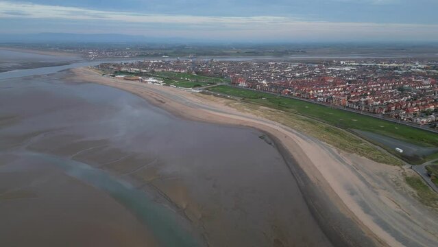 High altitude slow pan of the Fleetwood peninsula Lancashire UK with Knott End
