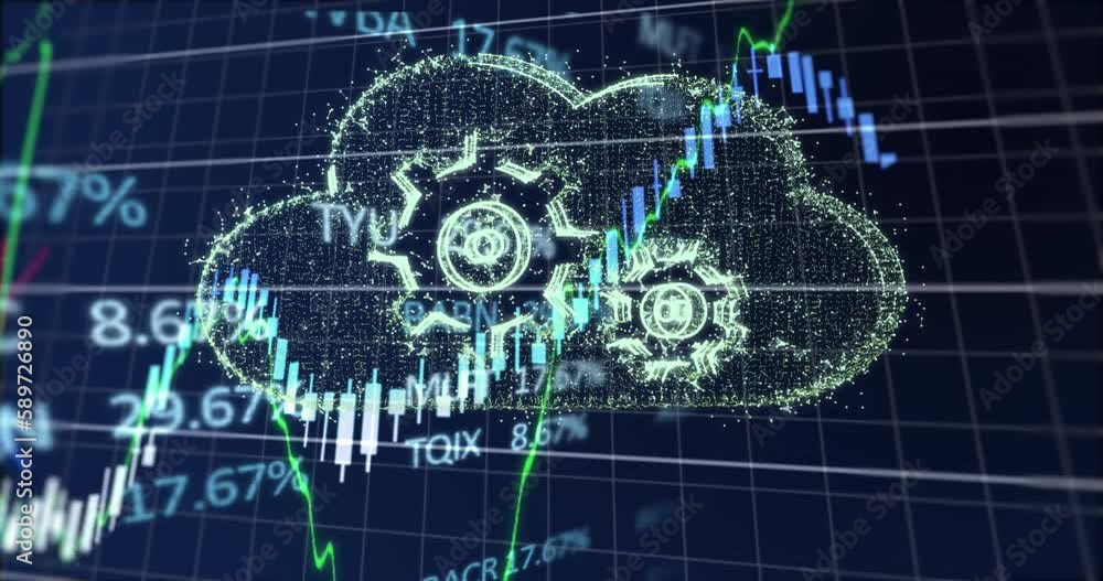 Poster animation of financial data processing over digital cloud