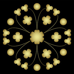 Round floral ornament. Medieval French mandala design. Golden glossy silhouette on black background.