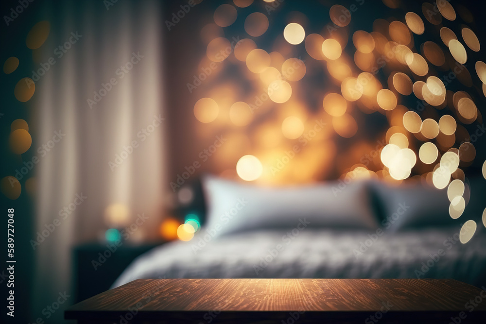 Poster table-top view of beside table or nightstand on blurred cozy night ambiance bedroom with glistening 