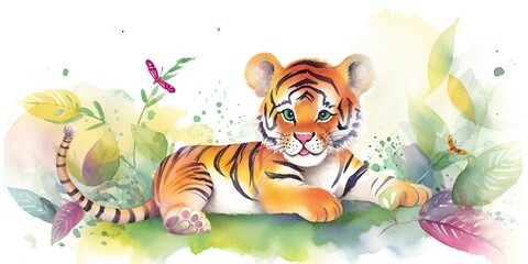 Fototapeta na wymiar watercolor background with playful baby tiger border - generative AI Art