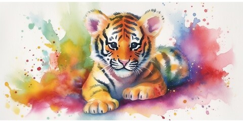 watercolor background with playful baby tiger border - generative AI Art