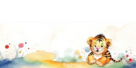 watercolor background with playful baby tiger border - generative AI Art
