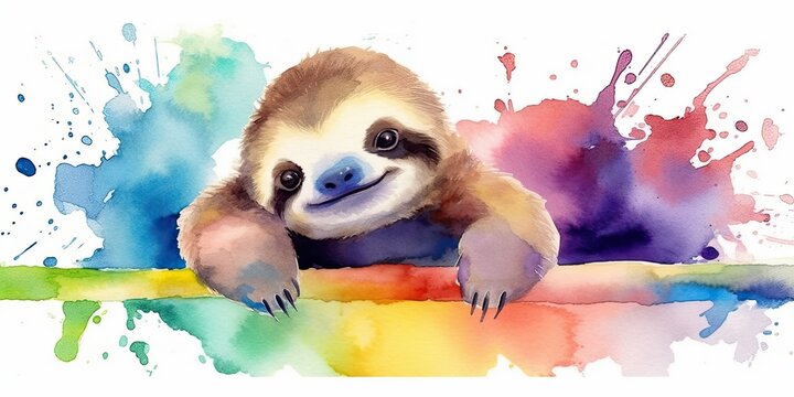watercolor background with playful baby Sloth border - generative AI Art