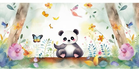 watercolor background with playful baby Panda border - generative AI Art