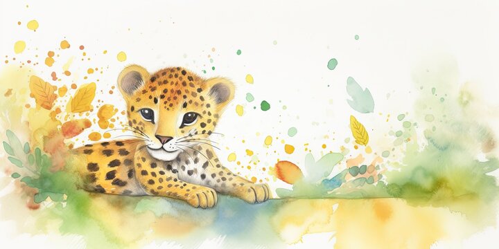 watercolor background with playful baby jaguar border - generative AI Art