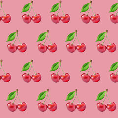 Illustration realism seamless pattern berry red cherry with green leaf on a pink background. High quality illustration
