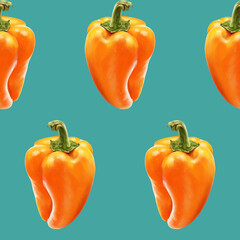 Illustration realism seamless pattern vegetable paprika orange color on a blue background. Sweet bell pepper. High quality illustration