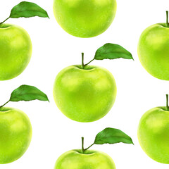 Illustration realism seamless pattern fruit apple green color on a white isolated background. High quality illustration
