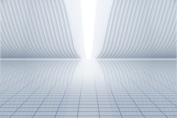 Abstract 3d rendering of empty white room with light in the middle. White interior wall facade and vertical ground space background 3d rendering.