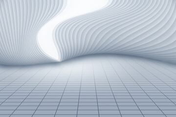 Naklejka premium Grey and white curved abstract building with longitudinal ground background 3D rendering