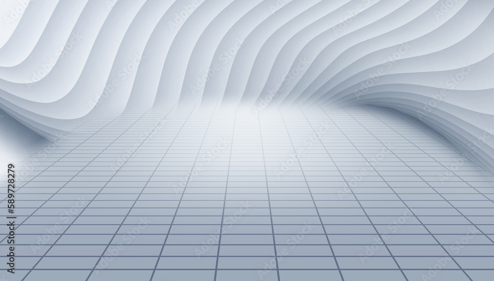Poster grey and white curved abstract building with longitudinal ground background 3d rendering