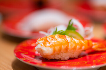 Shrimp sushi dish in Japanese restaurant