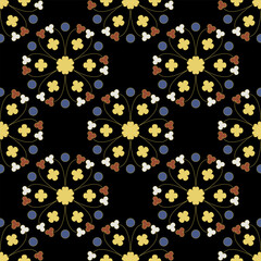 Seamless floral pattern with medieval French motifs. Round abstract geometrical botanical mandalas or bouquets. On black background.