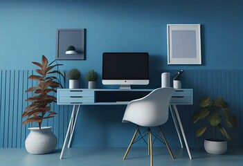 Home office desk with blue wall and white table mock up. Generative AI