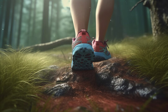 Lady trail runner on a forest path with a close-up of trail running shoes, Generative AI	